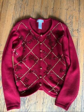 dressbarn Red Embellished Floral Button-Front Cardigan